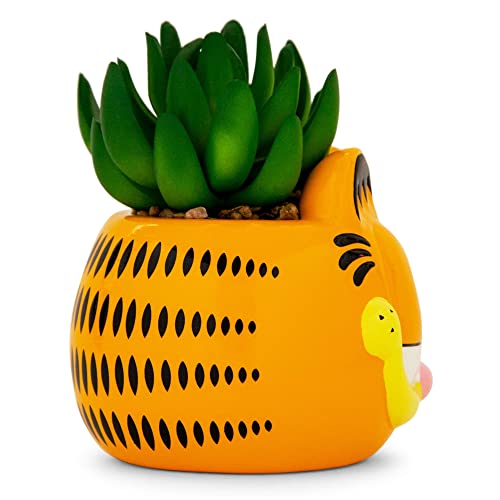 Toynk Garfield 4-Inch Ceramic Planter with Artificial Succulent | Cute Flower Pot, Faux Indoor Plants