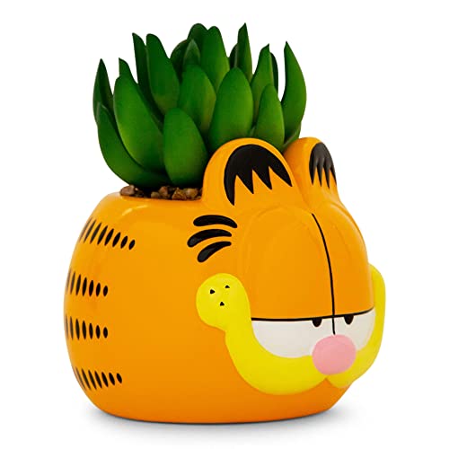 Toynk Garfield 4-Inch Ceramic Planter with Artificial Succulent | Cute Flower Pot, Faux Indoor Plants