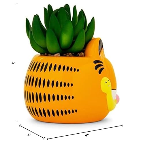 Toynk Garfield 4-Inch Ceramic Planter with Artificial Succulent | Cute Flower Pot, Faux Indoor Plants