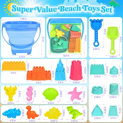 Collapsible Beach Toys for Kids Toddlers, Sand Bucket and Shovels Set with Mesh Bag, Sand Castle Toys for Beach, Travel Sand Toys, Sandbox Toys for Toddlers Kids Age 3-10