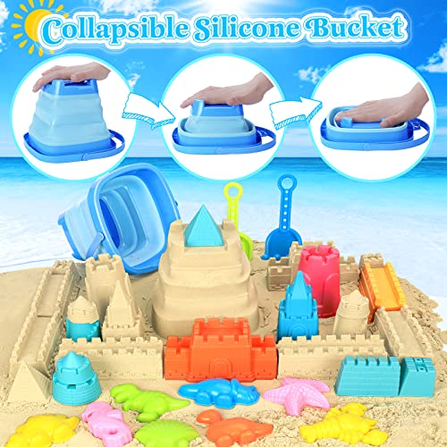 Collapsible Beach Toys for Kids Toddlers, Sand Bucket and Shovels Set with Mesh Bag, Sand Castle Toys for Beach, Travel Sand Toys, Sandbox Toys for Toddlers Kids Age 3-10