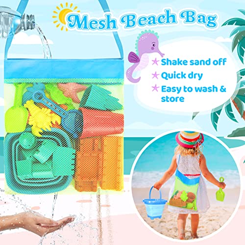 Collapsible Beach Toys for Kids Toddlers, Sand Bucket and Shovels Set with Mesh Bag, Sand Castle Toys for Beach, Travel Sand Toys, Sandbox Toys for Toddlers Kids Age 3-10