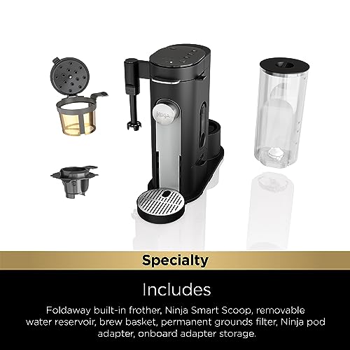 Ninja Pod & Grounds Specialty Single-Serve Coffee Maker, K-Cup Pod Compatible, Brews Grounds, Compact Design, Built-In Milk Frother, 56-oz. Reservoir, 6-oz. Cup to 24-oz. Mug Sizes, Black, PB051