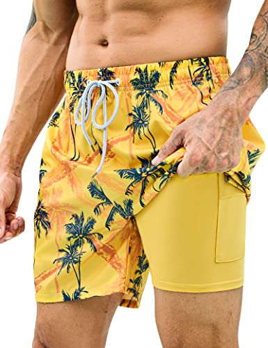 Mens Swim Trunks with Compression Liner 7 inch Inseam 2 Pack Quick Dry Stretch Beach Shorts Bathing Suits Swimwear