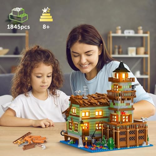 Fishing Village Store House Building Set with LED Light, 1845PCS Wood Cabin Mini Building Block Architecture Kit for Adults Boys Girls Ages 8+