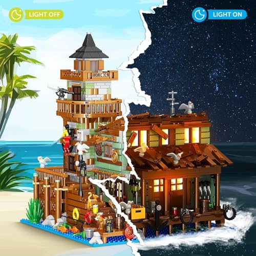 Fishing Village Store House Building Set with LED Light, 1845PCS Wood Cabin Mini Building Block Architecture Kit for Adults Boys Girls Ages 8+