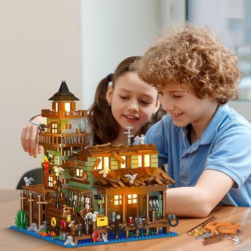 Fishing Village Store House Building Set with LED Light, 1845PCS Wood Cabin Mini Building Block Architecture Kit for Adults Boys Girls Ages 8+