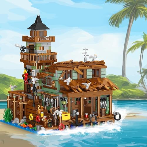 Fishing Village Store House Building Set with LED Light, 1845PCS Wood Cabin Mini Building Block Architecture Kit for Adults Boys Girls Ages 8+