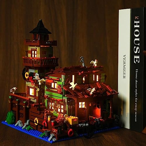 Fishing Village Store House Building Set with LED Light, 1845PCS Wood Cabin Mini Building Block Architecture Kit for Adults Boys Girls Ages 8+