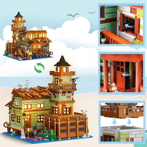 Fishing Village Store House Building Set with LED Light, 1845PCS Wood Cabin Mini Building Block Architecture Kit for Adults Boys Girls Ages 8+