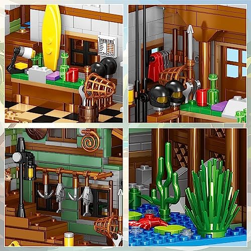 Fishing Village Store House Building Set with LED Light, 1845PCS Wood Cabin Mini Building Block Architecture Kit for Adults Boys Girls Ages 8+