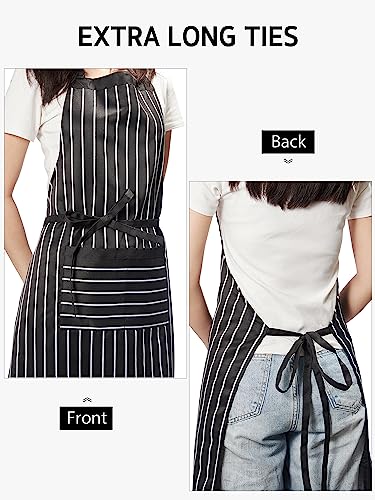 Syntus Kitchen Cooking Apron, 2 Pack Adjustable Bib Chef Aprons for Women Men with 2 Pockets, L-Black/Brown Stripes