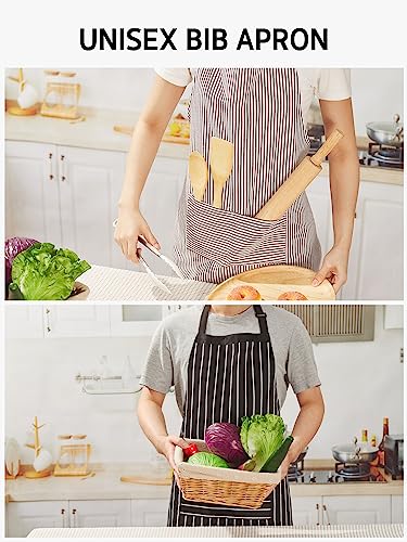 Syntus Kitchen Cooking Apron, 2 Pack Adjustable Bib Chef Aprons for Women Men with 2 Pockets, L-Black/Brown Stripes