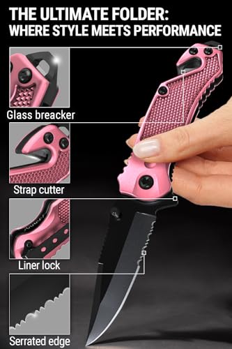 GOOD WORKER 2.95” Serrated Blade Pink Knife - Pocket Knife for Women - Self Defense Knife - Pink Knives - Cute Womens Girl Knife - Womens Folding Knife - Pink Pocket Knife - Mothers Day Gift - 6680 P