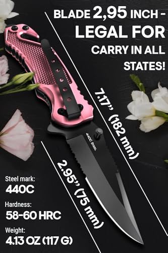 GOOD WORKER 2.95” Serrated Blade Pink Knife - Pocket Knife for Women - Self Defense Knife - Pink Knives - Cute Womens Girl Knife - Womens Folding Knife - Pink Pocket Knife - Mothers Day Gift - 6680 P