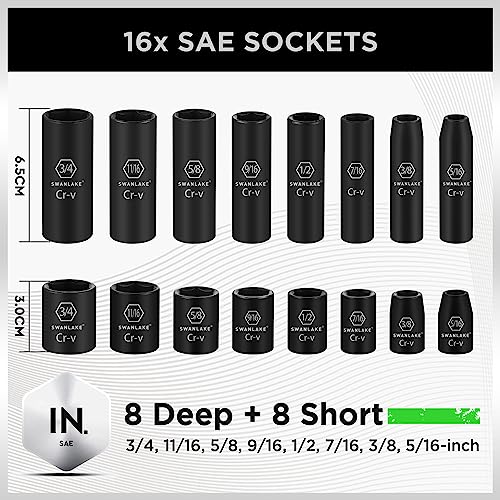 SWANLAKE 3/8" Drive Impact Socket Set, 50-Piece Standard SAE (5/16 to 3/4 inch) and Metric (8-22mm) Size, 6 Point, Cr-V, 3/8-Inch Ratchet Handle, Extension Bar, Universal Joint