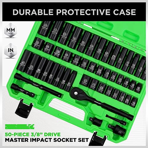 SWANLAKE 3/8" Drive Impact Socket Set, 50-Piece Standard SAE (5/16 to 3/4 inch) and Metric (8-22mm) Size, 6 Point, Cr-V, 3/8-Inch Ratchet Handle, Extension Bar, Universal Joint