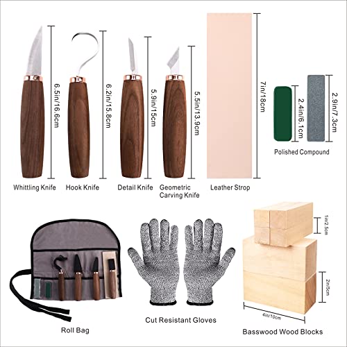 Wood Carving Tools Pack of 15- Includes Black Walnut Handle Wood Carving Knife,Whittling Knife,Hook Knife,Polishing Compound,Sharpening Stone,Cut Resistant Gloves,Wood Carving Kit for Beginners.