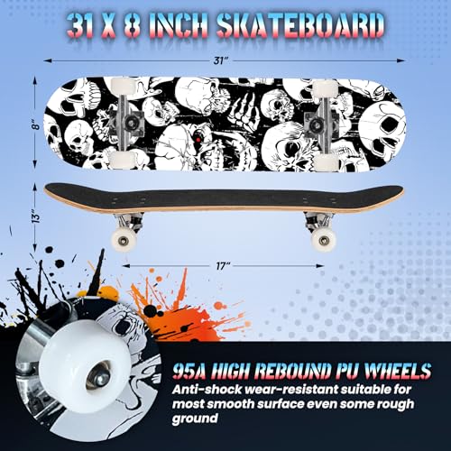 Pro Complete Skateboards for Beginners Girls Boys Kids Youths Teens Adults 31"x8" Skate Boards 7 Layers Canadian Maple Double Kick Deck Concave Longboard (Skull)