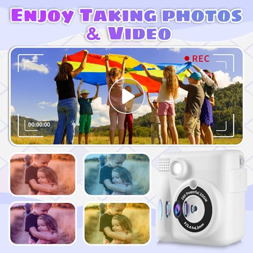 Instant Print Camera, Kids Camera 1080P HD Digital Camera with 32G SD Card, 3 Rolls Photo Paper & 6 Color Pencils for Age 6-12 Boys and Girls Birthday Gifts Photo and Video Recording