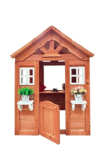 Wooden Playhouse for Age 3-6 Years Boy Girl, Outdoor Cottage Playhouse with Door, 2 Windows, 3 Serving Station, Shelf & Flowerpot Holder, Outdoor Garden Lawn Patio Yard Cottage for 3-6 Age Boy Girl.