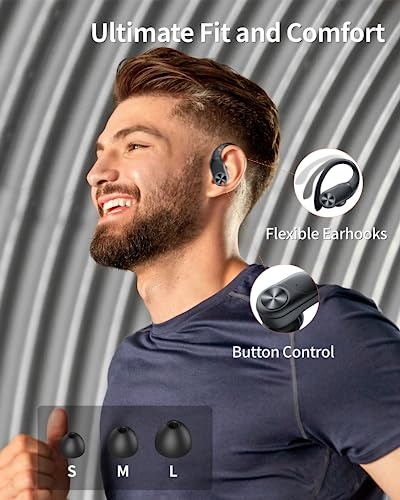 PocBuds Bluetooth Headphones Wireless Earbuds 80hrs Playtime Wireless Charging Case Digital Display Sports Ear Buds with Earhook Deep Bass IPX7 Waterproof Over-Ear Earphones for TV Phone Laptop Black