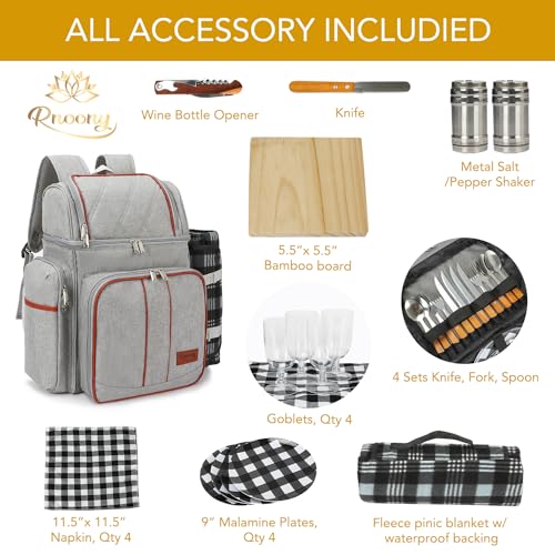 Picnic BackPack for Camping, Picnic basket for 4 with Insulated Cooler Bag and Bottle Pouch, Picnic bag with Lightweight Blanket and Cutlery set for Family, Couples and Hiking