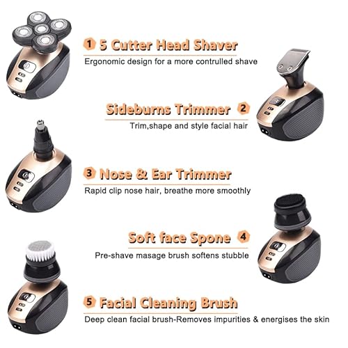 5-in-1 Rotary Electric Razor Bald Head Shaver | 4D Rechargeable and Cordless Beard Trimmer | Includes Skull Shaver, Clippers, Nose Hair Trimmer, Face Scrubber & Facial Cleansing Brush