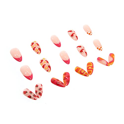 24 Pcs Almond Press on Nails Summer Fake Nails Medium Length Glue on Nails with Designs Cute Acrylic False Nails French Summer Almond Shape Stick on Artificial Nails for Women DIY Decorations