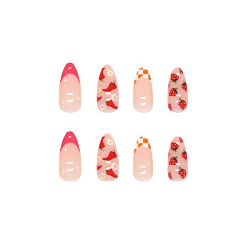 24 Pcs Almond Press on Nails Summer Fake Nails Medium Length Glue on Nails with Designs Cute Acrylic False Nails French Summer Almond Shape Stick on Artificial Nails for Women DIY Decorations