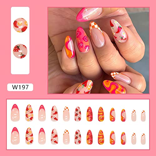 24 Pcs Almond Press on Nails Summer Fake Nails Medium Length Glue on Nails with Designs Cute Acrylic False Nails French Summer Almond Shape Stick on Artificial Nails for Women DIY Decorations