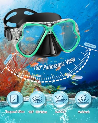 Mask Fins Snorkel Set, Snorkeling Gear with Short Fins for Adults with Panoramic View Mask, Dry Top Snorkel, Adjustable Swim Fins and Travel Bag, Adults Snorkel Gear for Swimming Snorkeling