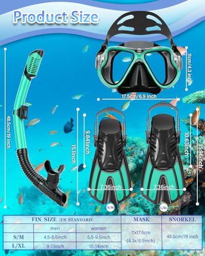 Mask Fins Snorkel Set, Snorkeling Gear with Short Fins for Adults with Panoramic View Mask, Dry Top Snorkel, Adjustable Swim Fins and Travel Bag, Adults Snorkel Gear for Swimming Snorkeling