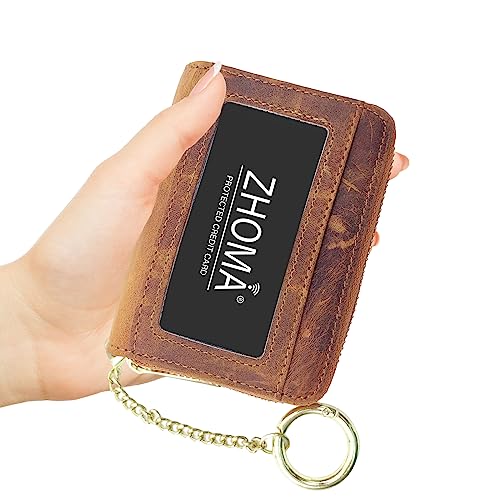 ZHOMA RFID Blocking Genuine Leather Credit Card Case Holder Security Travel Wallet With Removable Keychain ID Window (NEW) - Brown 01