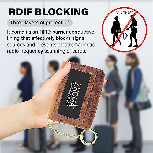 ZHOMA RFID Blocking Genuine Leather Credit Card Case Holder Security Travel Wallet With Removable Keychain ID Window (NEW) - Brown 01