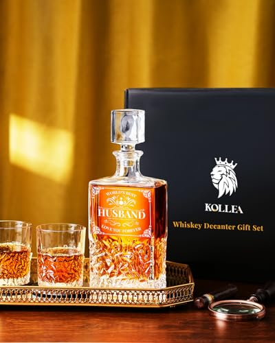 Kollea Birthday Gifts for Husband from Wife, Whiskey Decanter Set with Glasses & Whiskey Stones, Personalized Romantic Anniversary Weeding Stuff Presents for Men Him, for Whiskey Bourbon Liquor Vodka