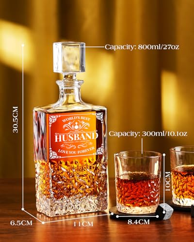 Kollea Birthday Gifts for Husband from Wife, Whiskey Decanter Set with Glasses & Whiskey Stones, Personalized Romantic Anniversary Weeding Stuff Presents for Men Him, for Whiskey Bourbon Liquor Vodka