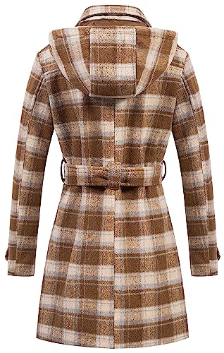 Chrisuno Women Peacoat Woman Women's Basic Designed Notch Lapel Double Breasted Mid-Long Wool Pea Coat Light Brown Plaid XL