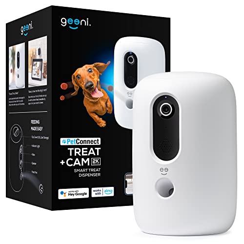 Geeni PetConnect Treat + Cam, Smart Treat Dispenser with Smart Home Pet Camera, Timer & Voice, Automatic Dog or Cat Feeder, Compatible with Alexa & Google