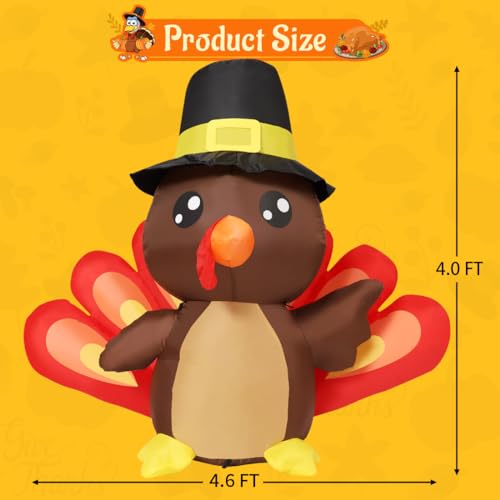 COMIN 4FT Tall Thanksgiving Inflatables Turkey Baby in Hat with Built-in LEDs Blow Up Yard Decoration for Holiday Season Party Indoor Outdoor Garden Lawn