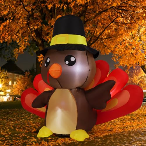 COMIN 4FT Tall Thanksgiving Inflatables Turkey Baby in Hat with Built-in LEDs Blow Up Yard Decoration for Holiday Season Party Indoor Outdoor Garden Lawn