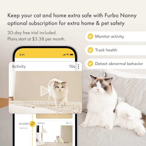 Furbo 360° Cat Camera: Home Security Camera with Meowing Alerts, Rotating Pet Treat Camera with Phone App, Smart Home Indoor Kitty Cam with 2-Way Speaker and Night Vision (No Subscription Required)