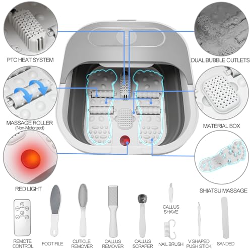 UNIFULL Collapsible Foot Spa Bath with Heat and Massage Rollers, Bubble, Foot Pedicure Kit, Temperature Control, Red Light, Pedicure Foot Spa, Foot Bath