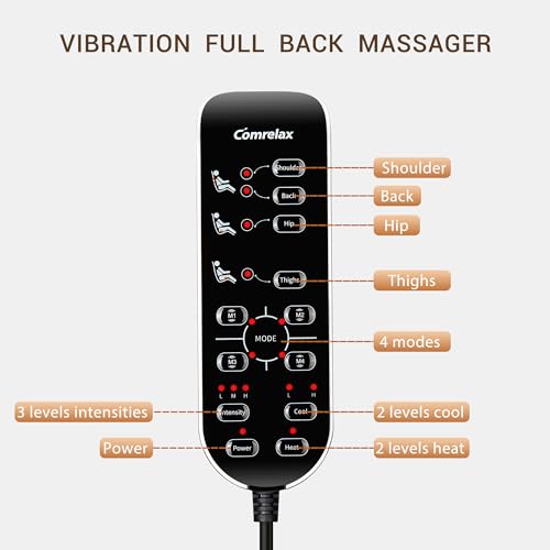 comrelax Back Massage Chair Pad, Deep Tissue Vibration Seat Massage Cushion, 2 Levels Cooling or Heat Back Massage for Muscle Fatigue Stress Relief