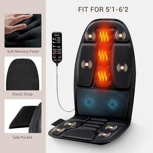 comrelax Back Massage Chair Pad, Deep Tissue Vibration Seat Massage Cushion, 2 Levels Cooling or Heat Back Massage for Muscle Fatigue Stress Relief