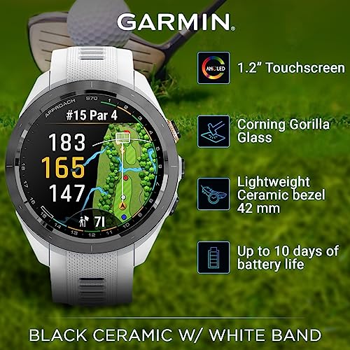 Wearable4U - Garmin Approach S70 - Ceramic 42 mm Golf: 1.2" AMOLED Display Up to 10 Days Battery Life, Multisport High-Performance Multi-Band GPS Premium Smart Watch w/ 43K+ Golf maps & Gift Bundle