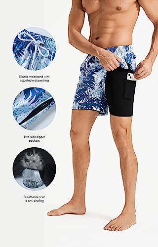 Mens Swim Trunks with Compression Liner Quick Dry Beach Shorts with Zipper Pockets