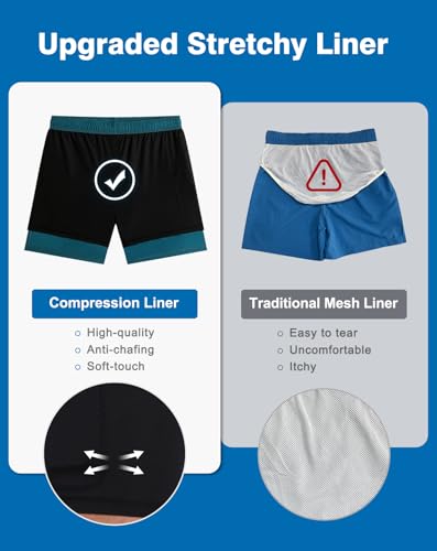 Mens Swim Trunks with Compression Liner Quick Dry Beach Shorts with Zipper Pockets