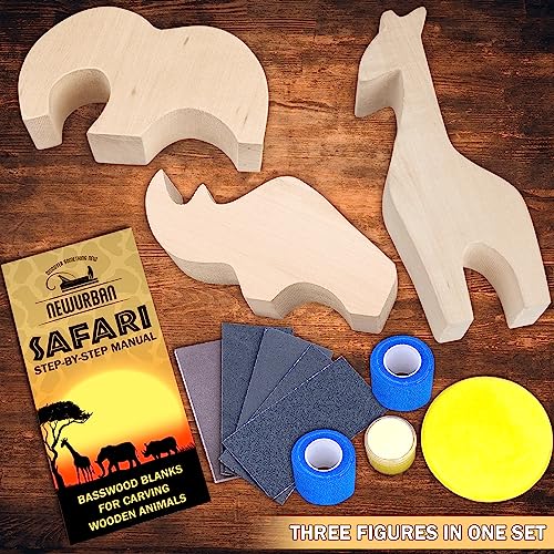 Basswood Blanks for Carving Wooden Animals - Whittling kit with Rhino, Giraffe, Elephant - Wood Carving Kit for Beginners - Linden Woodworking Kit for Kids, Adults - 3 Unfinished Wooden Blocks