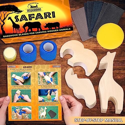 Basswood Blanks for Carving Wooden Animals - Whittling kit with Rhino, Giraffe, Elephant - Wood Carving Kit for Beginners - Linden Woodworking Kit for Kids, Adults - 3 Unfinished Wooden Blocks